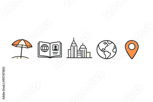A set of five travel and tourism icons featuring a beach umbrella, an