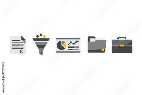 A set of five minimalist business icons featuring an invoice with a