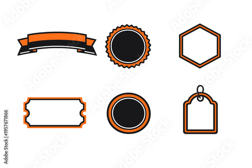 Set of six graphic design elements including a banner, seal, hexagon