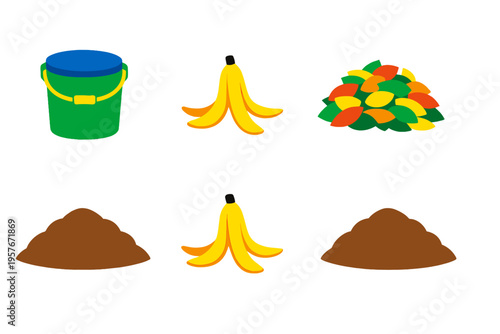 A set of flat vector illustrations showing a green compost bin