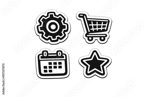 A set of four black and white icons designed as stickers including a