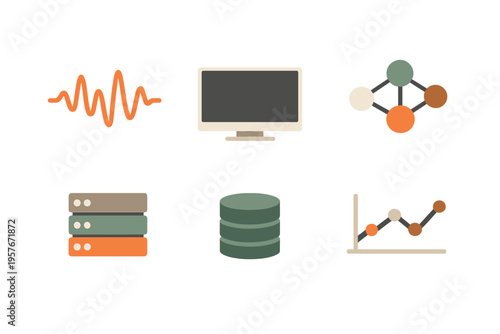 A set of six minimalist flat icons representing technology and data