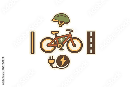Vector graphic set featuring an e-bike, green helmet, charging icon