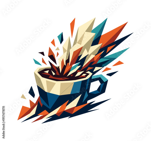 Low-poly vector illustration focused on caffeine rush cup during the burst of energy, angular coffee cup releasing explosive