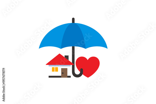 This flat vector illustration shows a blue umbrella sheltering a