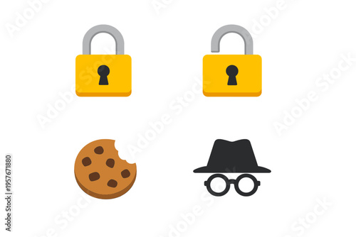 Set of four flat graphic icons for web security and privacy featuring