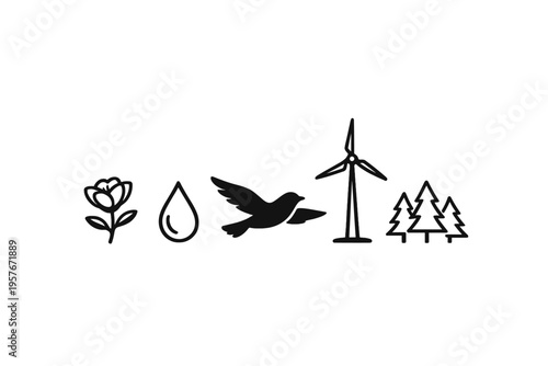 A set of five minimalist black icons on a white background