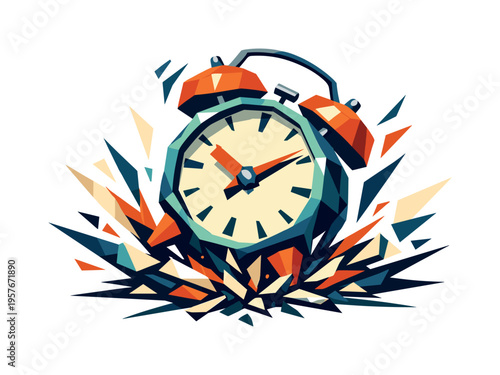 Low-poly vector illustration focused on alarm clock slam during the violent impact moment, angular alarm clock smashing downward