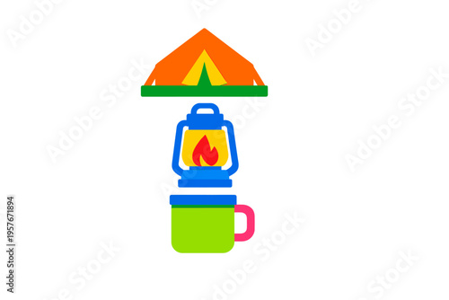 A colorful flat illustration featuring a vertical stack of camping