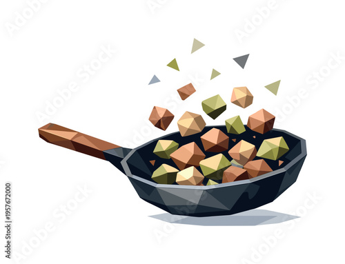 Geometric cubes tumble from a frying pan