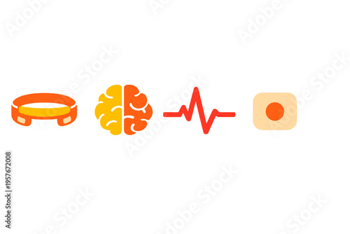 This set of flat vector icons includes a wearable biosensor headband