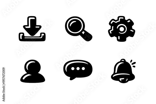 A collection of six hand-drawn black icons on a white background