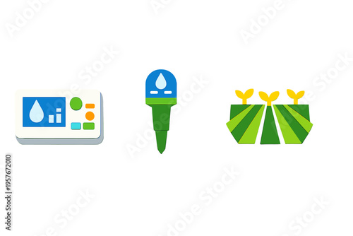 A set of three flat 3D icons representing smart agriculture