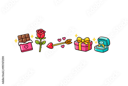 A collection of romantic Valentine's Day icons including a chocolate