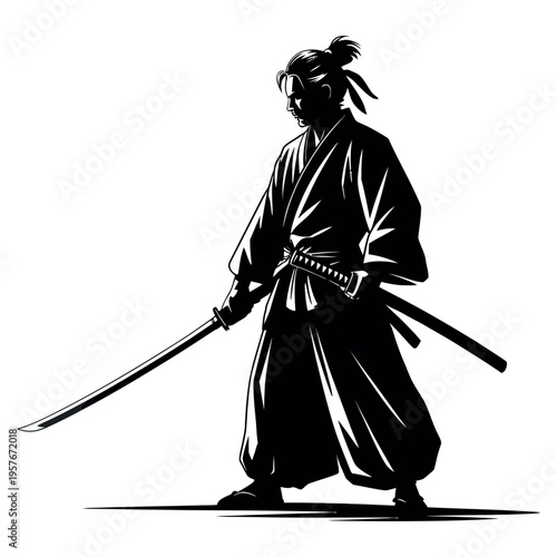 Samurai warrior with katana in silhouette, vector illustration of a traditional Japanese swordsman in historical attire, dynamic pose with a sharp blade