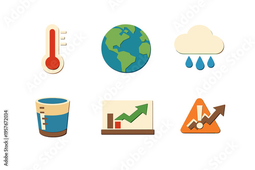 A collection of six flat icons representing climate change and