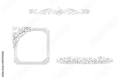Elegant set of white 3D decorative elements including a square rose