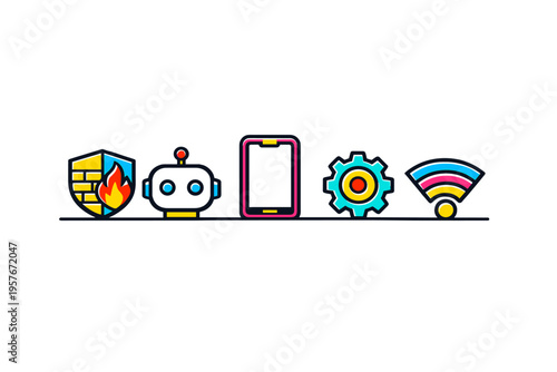 A row of colorful technology icons including a firewall shield, a