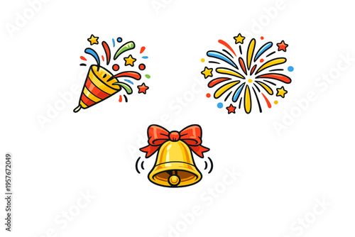 A collection of three festive cartoon icons featuring a party popper
