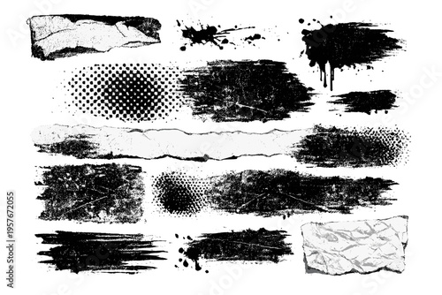 A collection of black grunge design elements featuring ink splatters