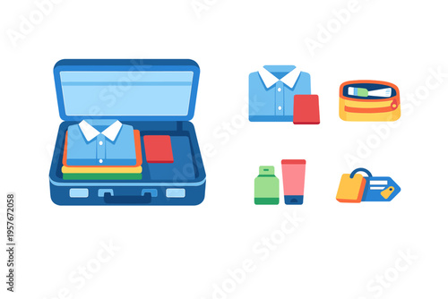 A vector illustration showing a blue suitcase being packed with