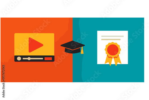 A flat illustration representing online education with a video player