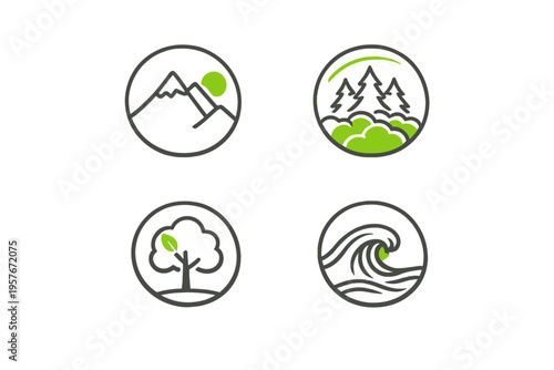 A set of four minimalist circular nature icons featuring mountains