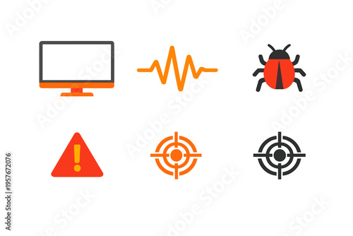 A collection of six flat icons featuring a computer monitor