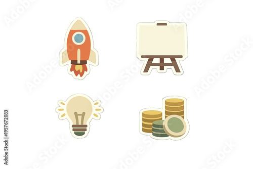 Four flat illustration icons on a white background featuring a
