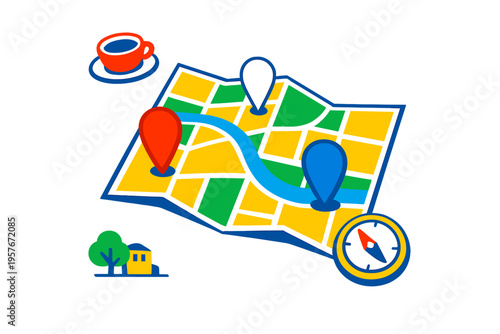 A colorful vector illustration of a folded paper map with location