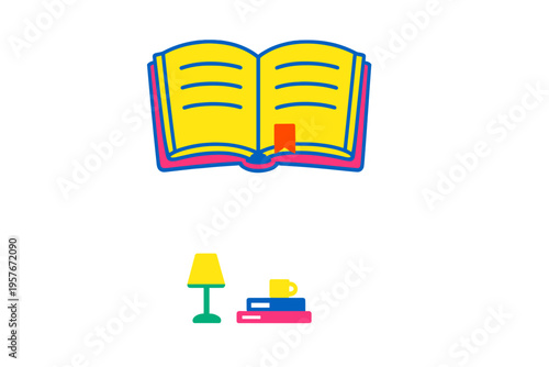 A vibrant illustration of an open yellow book with a red bookmark