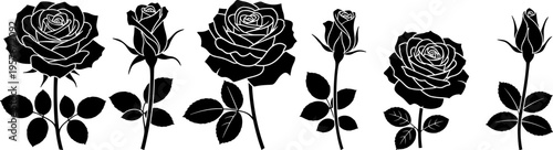 Black Rose Silhouettes Set, Vector Floral Elements for Wedding Design and Tattoo Art, Isolated Flat Icons