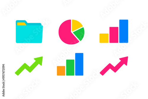 A collection of vibrant business icons including a folder, a pie