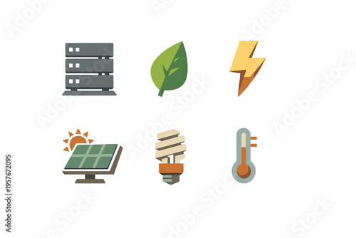 A collection of six stylized icons related to green technology and