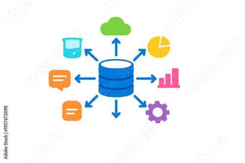 A colorful illustration showing a central blue database icon with