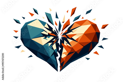 Low-poly vector illustration focused on breakup heart crack during the violent fracture action, angular heart snapping apart with