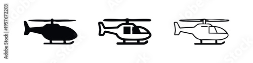 Set of Helicopter Icons in Flat, Line, and Silhouette Styles