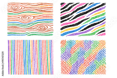 Set of four colorful hand-drawn crayon textures including wood grain