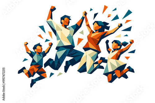 Low-poly vector illustration focused on family group leap during the energetic jump, faceted family figures launching upward