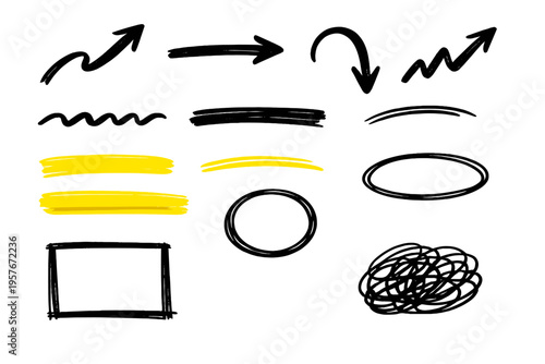 A collection of hand-drawn marker elements featuring black and yellow