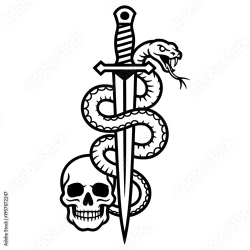 Skull and snake wrapped around a dagger in a striking black and white tattoo design, dark fantasy art, powerful symbolism graphic vector