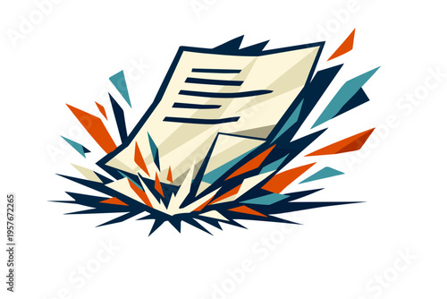 Low-poly vector illustration focused on exam paper slam during the dramatic impact moment, faceted paper striking downward with