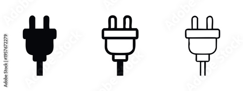 Electrical Plug Icons Set. Black and Outline Power Plug Symbols. Connector for Electricity and Power Supply.