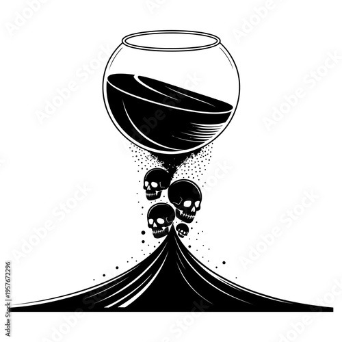Surreal conceptual illustration of skulls falling from a glass bowl representing passage of time and mortality in black and white graphic art style vector design