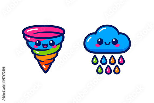 A set of cute, colorful weather icons featuring a smiling rainbow