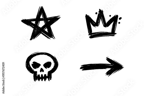 A collection of four hand-drawn black ink icons including a star, a