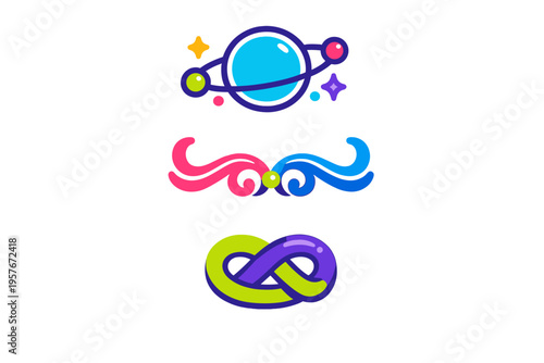 A collection of three vibrant vector icons featuring a stylized