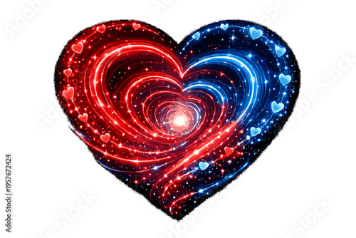 An abstract heart shape created with vibrant red and blue light