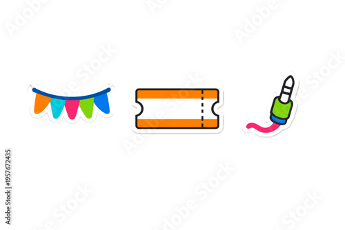 A set of three flat vector icons styled as stickers with white