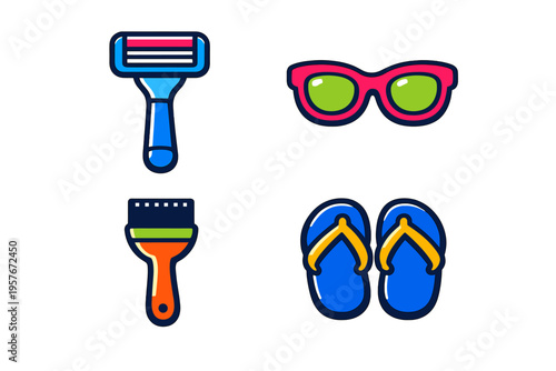 A set of four colorful vector icons featuring a manual razor, pink